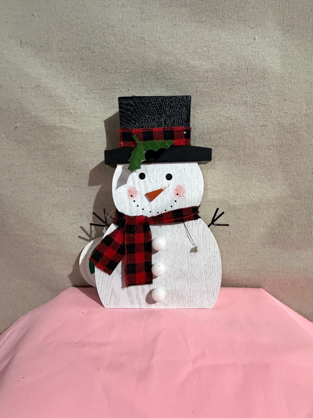 Festive White Snowman Holiday Décor with Red Buffalo Plaid Scarf lite up
